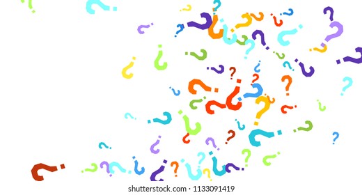 Question marks scattered on white background. Quiz, doubt, poll, survey, faq, interrogation, query background. Multicolored template for opinion poll, public poll. Rainbow color. Vector illustration.