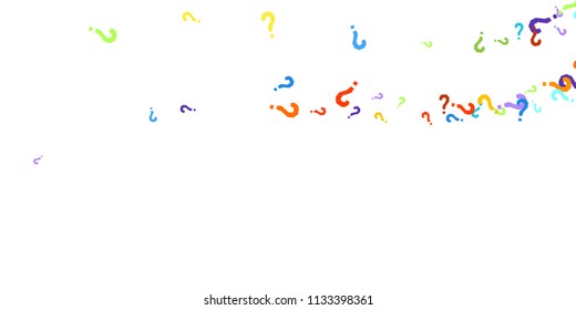 Question marks scattered on white background. Quiz, doubt, poll, survey, faq, interrogation, query background. Multicolored template for opinion poll, public poll. Rainbow color. Vector illustration.