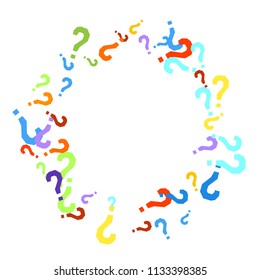 Question marks scattered on white background. Quiz, doubt, poll, survey, faq, interrogation, query background. Multicolored template for opinion poll, public poll. Rainbow color. Vector illustration.