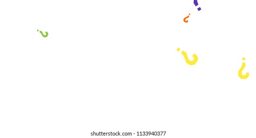 Question marks scattered on white background. Quiz, doubt, poll, survey, faq, interrogation, query background. Multicolored template for opinion poll, public poll. Rainbow color. Vector illustration.