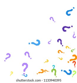 Question marks scattered on white background. Quiz, doubt, poll, survey, faq, interrogation, query background. Multicolored template for opinion poll, public poll. Rainbow color. Vector illustration.