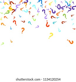 Question marks scattered on white background. Quiz, doubt, poll, survey, faq, interrogation, query background. Multicolored template for opinion poll, public poll. Rainbow color. Vector illustration.