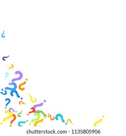 Question marks scattered on white background. Quiz, doubt, poll, survey, faq, interrogation, query background. Multicolored template for opinion poll, public poll. Rainbow color. Vector illustration.