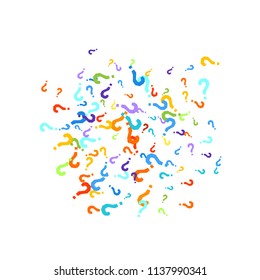 Question marks scattered on white background. Quiz, doubt, poll, survey, faq, interrogation, query background. Multicolored template for opinion poll, public poll. Rainbow color. Vector illustration.