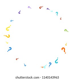 Question marks scattered on white background. Quiz, doubt, poll, survey, faq, interrogation, query background. Multicolored template for opinion poll, public poll. Rainbow color. Vector illustration.