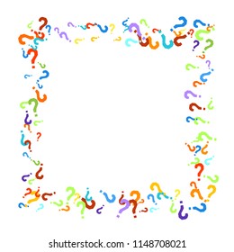 Question marks scattered on white background. Quiz, doubt, poll, survey, faq, interrogation, query background. Multicolored template for opinion poll, public poll. Rainbow color. Vector illustration.