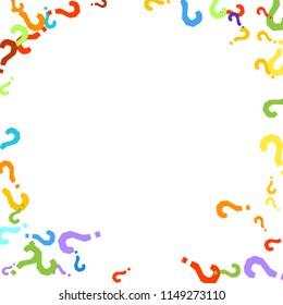 Question marks scattered on white background. Quiz, doubt, poll, survey, faq, interrogation, query background. Multicolored template for opinion poll, public poll. Rainbow color. Vector illustration.