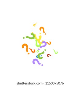Question marks scattered on white background. Quiz, doubt, poll, survey, faq, interrogation, query background. Multicolored template for opinion poll, public poll. Rainbow color. Vector illustration.