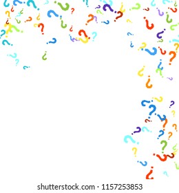 Question marks scattered on white background. Quiz, doubt, poll, survey, faq, interrogation, query background. Multicolored template for opinion poll, public poll. Rainbow color. Vector illustration.