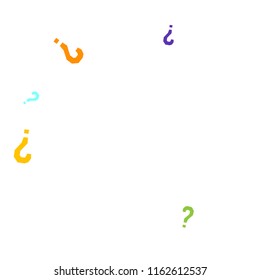 Question marks scattered on white background. Quiz, doubt, poll, survey, faq, interrogation, query background. Multicolored template for opinion poll, public poll. Rainbow color. Vector illustration.