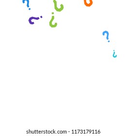 Question marks scattered on white background. Quiz, doubt, poll, survey, faq, interrogation, query background. Multicolored template for opinion poll, public poll. Rainbow color. Vector illustration.