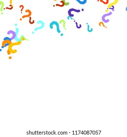 Question marks scattered on white background. Quiz, doubt, poll, survey, faq, interrogation, query background. Multicolored template for opinion poll, public poll. Rainbow color. Vector illustration.