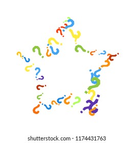 Question marks scattered on white background. Quiz, doubt, poll, survey, faq, interrogation, query background. Multicolored template for opinion poll, public poll. Rainbow color. Vector illustration.