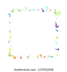 Question marks scattered on white background. Quiz, doubt, poll, survey, faq, interrogation, query background. Multicolored template for opinion poll, public poll. Rainbow color. Vector illustration.