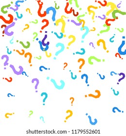 Question marks scattered on white background. Quiz, doubt, poll, survey, faq, interrogation, query background. Multicolored template for opinion poll, public poll. Rainbow color. Vector illustration.