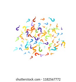 Question marks scattered on white background. Quiz, doubt, poll, survey, faq, interrogation, query background. Multicolored template for opinion poll, public poll. Rainbow color. Vector illustration.