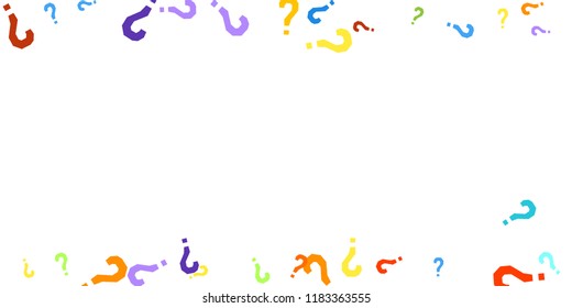 Question marks scattered on white background. Quiz, doubt, poll, survey, faq, interrogation, query background. Multicolored template for opinion poll, public poll. Rainbow color. Vector illustration.