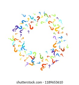 Question marks scattered on white background. Quiz, doubt, poll, survey, faq, interrogation, query background. Multicolored template for opinion poll, public poll. Rainbow color. Vector illustration.