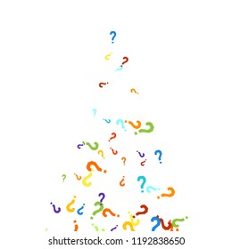 Question marks scattered on white background. Quiz, doubt, poll, survey, faq, interrogation, query background. Multicolored template for opinion poll, public poll. Rainbow color. Vector illustration.