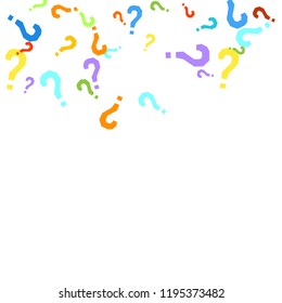 Question marks scattered on white background. Quiz, doubt, poll, survey, faq, interrogation, query background. Multicolored template for opinion poll, public poll. Rainbow color. Vector illustration.