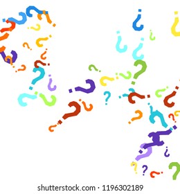 Question marks scattered on white background. Quiz, doubt, poll, survey, faq, interrogation, query background. Multicolored template for opinion poll, public poll. Rainbow color. Vector illustration.