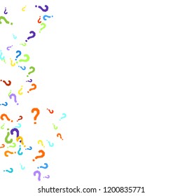Question marks scattered on white background. Quiz, doubt, poll, survey, faq, interrogation, query background. Multicolored template for opinion poll, public poll. Rainbow color. Vector illustration.