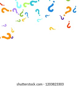 Question marks scattered on white background. Quiz, doubt, poll, survey, faq, interrogation, query background. Multicolored template for opinion poll, public poll. Rainbow color. Vector illustration.