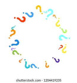 Question marks scattered on white background. Quiz, doubt, poll, survey, faq, interrogation, query background. Multicolored template for opinion poll, public poll. Rainbow color. Vector illustration.