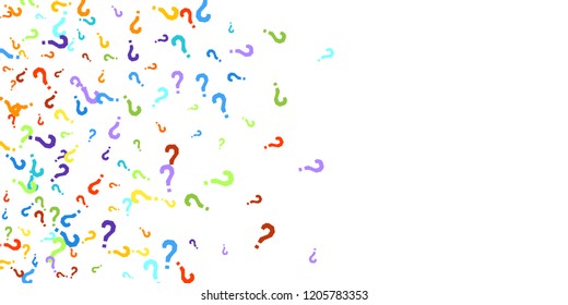 Question marks scattered on white background. Quiz, doubt, poll, survey, faq, interrogation, query background. Multicolored template for opinion poll, public poll. Rainbow color. Vector illustration.