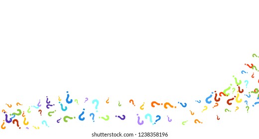 Question marks scattered on white background. Quiz, doubt, poll, survey, faq, interrogation, query background. Multicolored template for opinion poll, public poll. Rainbow color. Vector illustration.