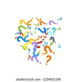Question marks scattered on white background. Quiz, doubt, poll, survey, faq, interrogation, query background. Multicolored template for opinion poll, public poll. Rainbow color. Vector illustration.