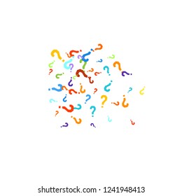 Question marks scattered on white background. Quiz, doubt, poll, survey, faq, interrogation, query background. Multicolored template for opinion poll, public poll. Rainbow color. Vector illustration.