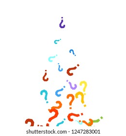 Question marks scattered on white background. Quiz, doubt, poll, survey, faq, interrogation, query background. Multicolored template for opinion poll, public poll. Rainbow color. Vector illustration.
