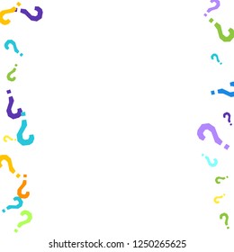 Question marks scattered on white background. Quiz, doubt, poll, survey, faq, interrogation, query background. Multicolored template for opinion poll, public poll. Rainbow color. Vector illustration.