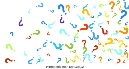 Question marks scattered on white background. Quiz, doubt, poll, survey, faq, interrogation, query background. Multicolored template for opinion poll, public poll. Rainbow color. Vector illustration.