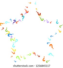 Question marks scattered on white background. Quiz, doubt, poll, survey, faq, interrogation, query background. Multicolored template for opinion poll, public poll. Rainbow color. Vector illustration.