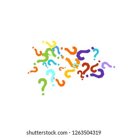 Question marks scattered on white background. Quiz, doubt, poll, survey, faq, interrogation, query background. Multicolored template for opinion poll, public poll. Rainbow color. Vector illustration.