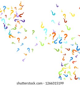 Question marks scattered on white background. Quiz, doubt, poll, survey, faq, interrogation, query background. Multicolored template for opinion poll, public poll. Rainbow color. Vector illustration.