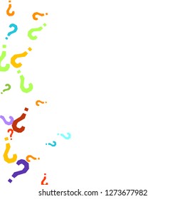 Question marks scattered on white background. Quiz, doubt, poll, survey, faq, interrogation, query background. Multicolored template for opinion poll, public poll. Rainbow color. Vector illustration.