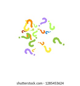 Question marks scattered on white background. Quiz, doubt, poll, survey, faq, interrogation, query background. Multicolored template for opinion poll, public poll. Rainbow color. Vector illustration.