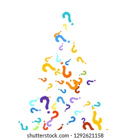Question marks scattered on white background. Quiz, doubt, poll, survey, faq, interrogation, query background. Multicolored template for opinion poll, public poll. Rainbow color. Vector illustration.