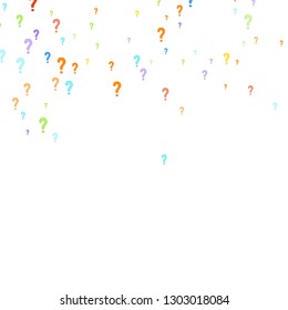 Question marks scattered on white background. Quiz, doubt, poll, survey, faq, interrogation, query background. Multicolored template for opinion poll, public poll. Rainbow color. Vector illustration.