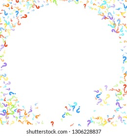 Question marks scattered on white background. Quiz, doubt, poll, survey, faq, interrogation, query background. Multicolored template for opinion poll, public poll. Rainbow color. Vector illustration.