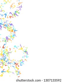 Question marks scattered on white background. Quiz, doubt, poll, survey, faq, interrogation, query background. Multicolored template for opinion poll, public poll. Rainbow color. Vector illustration.