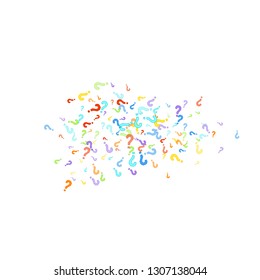 Question marks scattered on white background. Quiz, doubt, poll, survey, faq, interrogation, query background. Multicolored template for opinion poll, public poll. Rainbow color. Vector illustration.