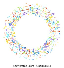 Question marks scattered on white background. Quiz, doubt, poll, survey, faq, interrogation, query background. Multicolored template for opinion poll, public poll. Rainbow color. Vector illustration.