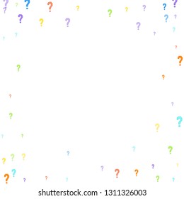 Question marks scattered on white background. Quiz, doubt, poll, survey, faq, interrogation, query background. Multicolored template for opinion poll, public poll. Rainbow color. Vector illustration.
