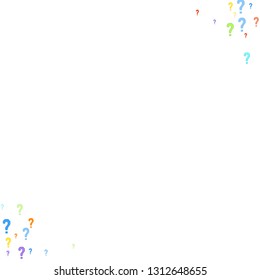 Question marks scattered on white background.  . Multicolored template for opinion poll, public poll. Rainbow color. Vector illustration.