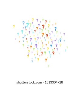 Question marks scattered on white background. Quiz, doubt, poll, survey, faq, interrogation, query background. Multicolored template for opinion poll, public poll. Rainbow color. Vector illustration.