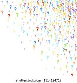 Question marks scattered on white background. Quiz, doubt, poll, survey, faq, interrogation, query background. Multicolored template for opinion poll, public poll. Rainbow color. Vector illustration.